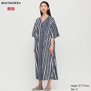 Marimekko Maxi Dress Kaftan in Navy Blue White Twig Stripe Print